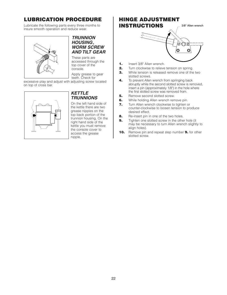 Lubrication procedure, Hinge adjustment instructions, Trunnion housing , worm screw and tilt gear | Kettle trunnions | Cleveland Range KCL-25-T User Manual | Page 25 / 36