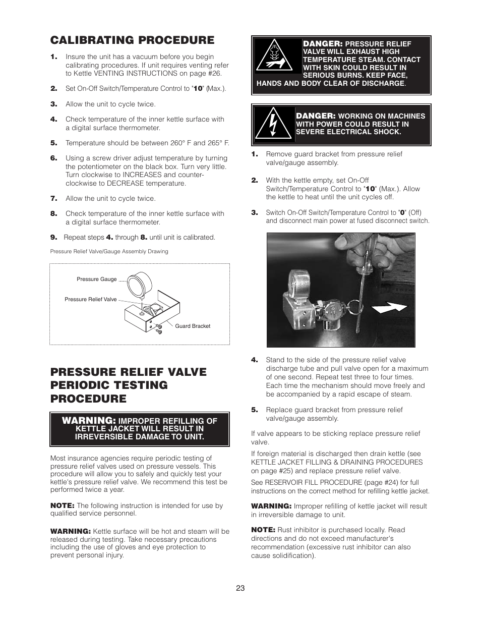 Calibrating procedure, Pressure relief valve periodic testing procedure, Warning | Cleveland Range KCL-25-T User Manual | Page 26 / 36