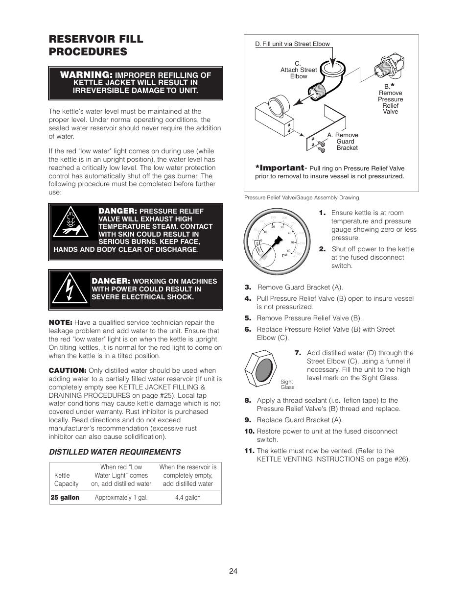 Reservoir fill procedures, Warning, Important | Cleveland Range KCL-25-T User Manual | Page 27 / 36