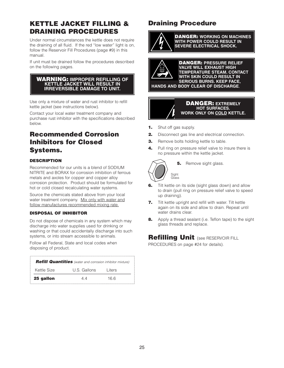 Draining procedure, Refilling unit, Kettle jacket filling & draining procedures | Cleveland Range KCL-25-T User Manual | Page 28 / 36