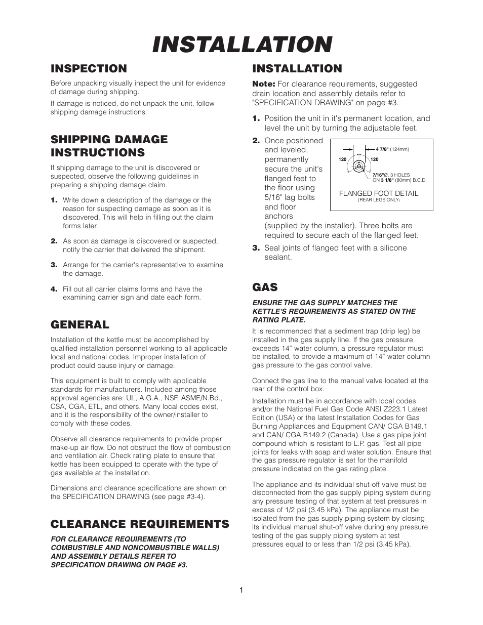 Inspection, Shipping damage instructions, General | Clearance requirements, Installation | Cleveland Range KCL-25-T User Manual | Page 4 / 36
