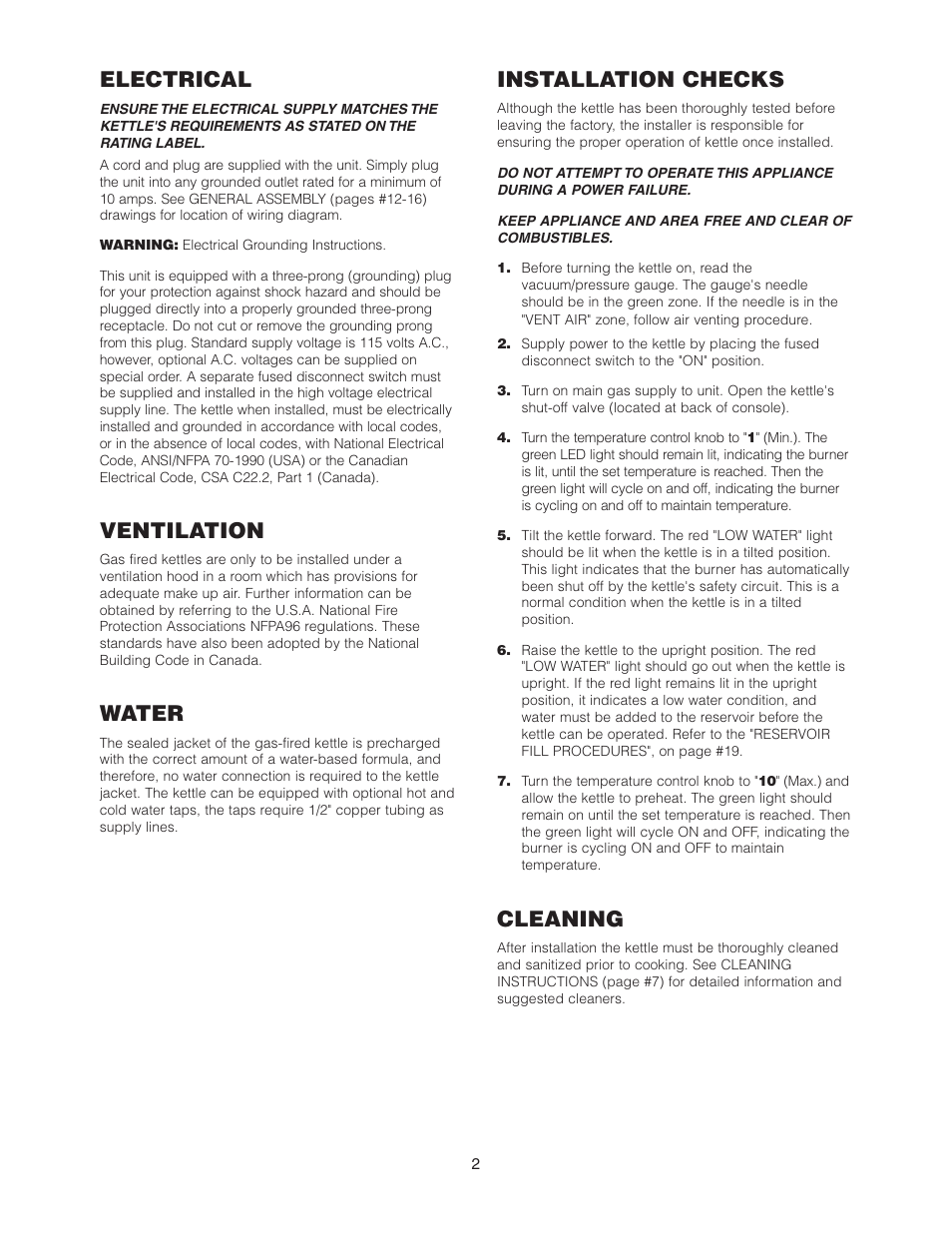 Electrical, Ventilation, Water | Installation checks, Cleaning | Cleveland Range KCL-25-T User Manual | Page 5 / 36