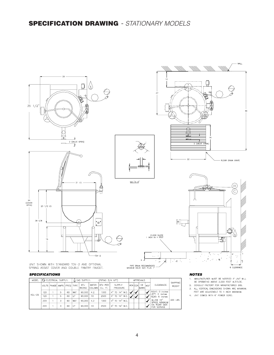 Stationary models, Specification drawing | Cleveland Range KCL-25-T User Manual | Page 7 / 36