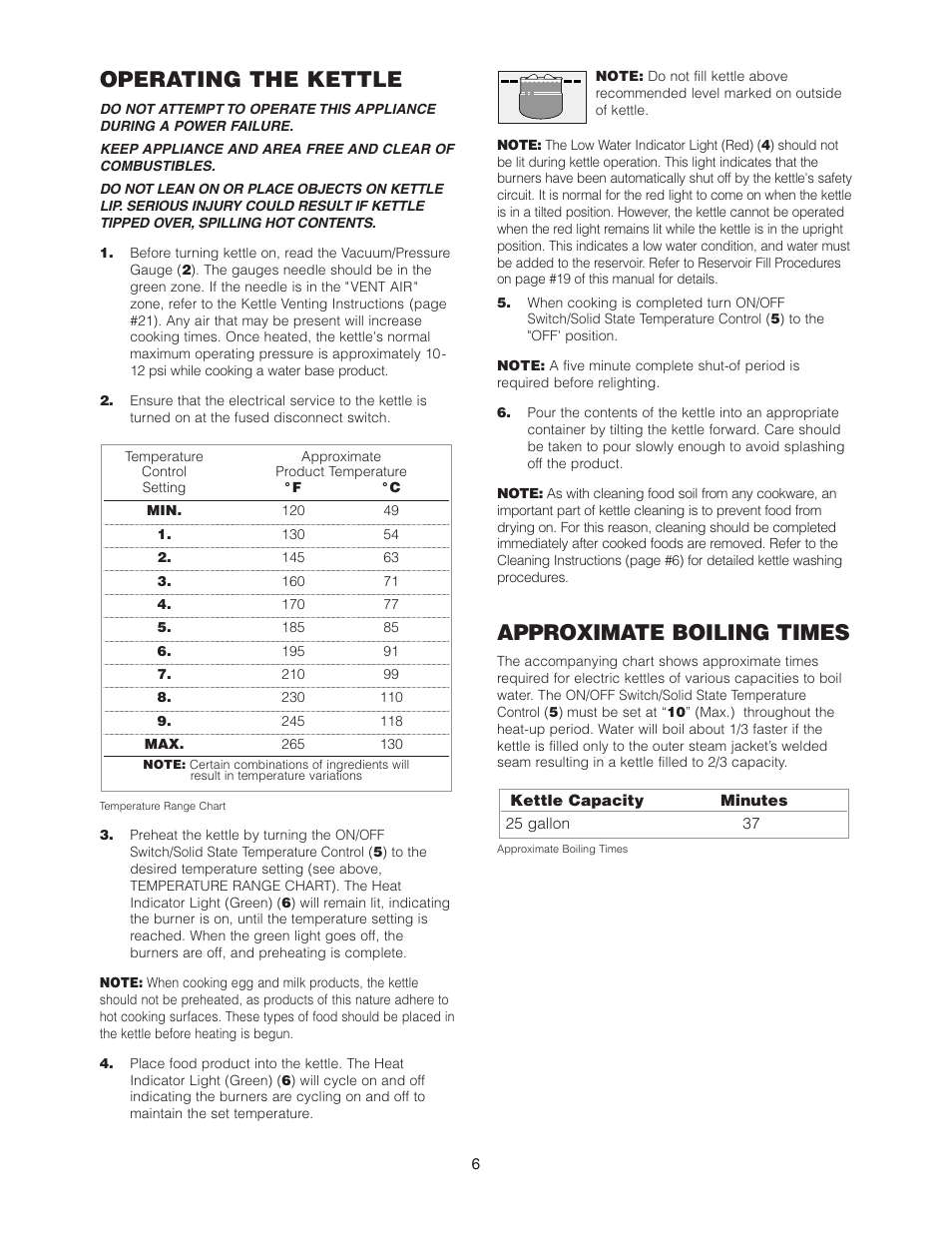 Operating the kettle, Approximate boiling times | Cleveland Range KCL-25-T User Manual | Page 9 / 36