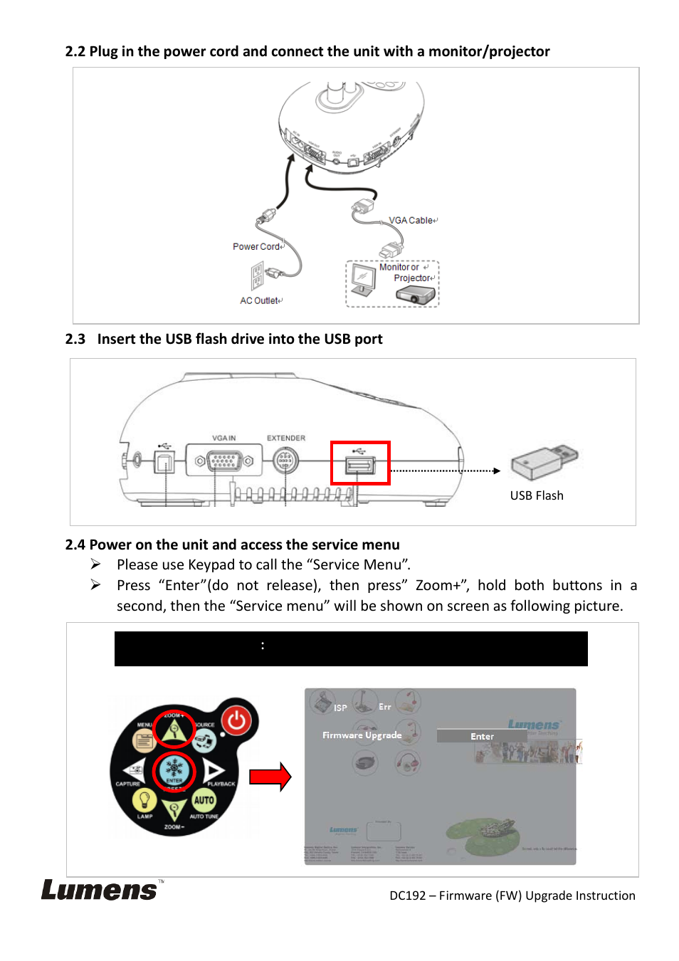 Insert the usb flash drive into the usb port, Power on the unit and access the service menu, Please use keypad to call the “service menu | Lumens Technology DC192 Firmware Upgrade Instruction User Manual | Page 2 / 9