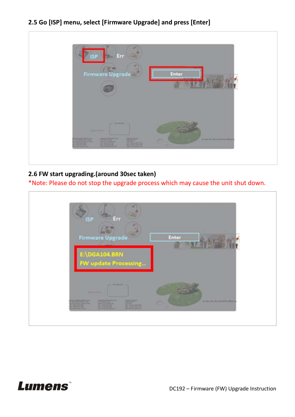 Fw start upgrading.(around 30sec taken) | Lumens Technology DC192 Firmware Upgrade Instruction User Manual | Page 3 / 9