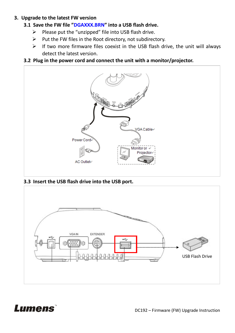 Upgrade to the latest fw version, Insert the usb flash drive into the usb port | Lumens Technology DC192 Firmware Upgrade Instruction User Manual | Page 6 / 9