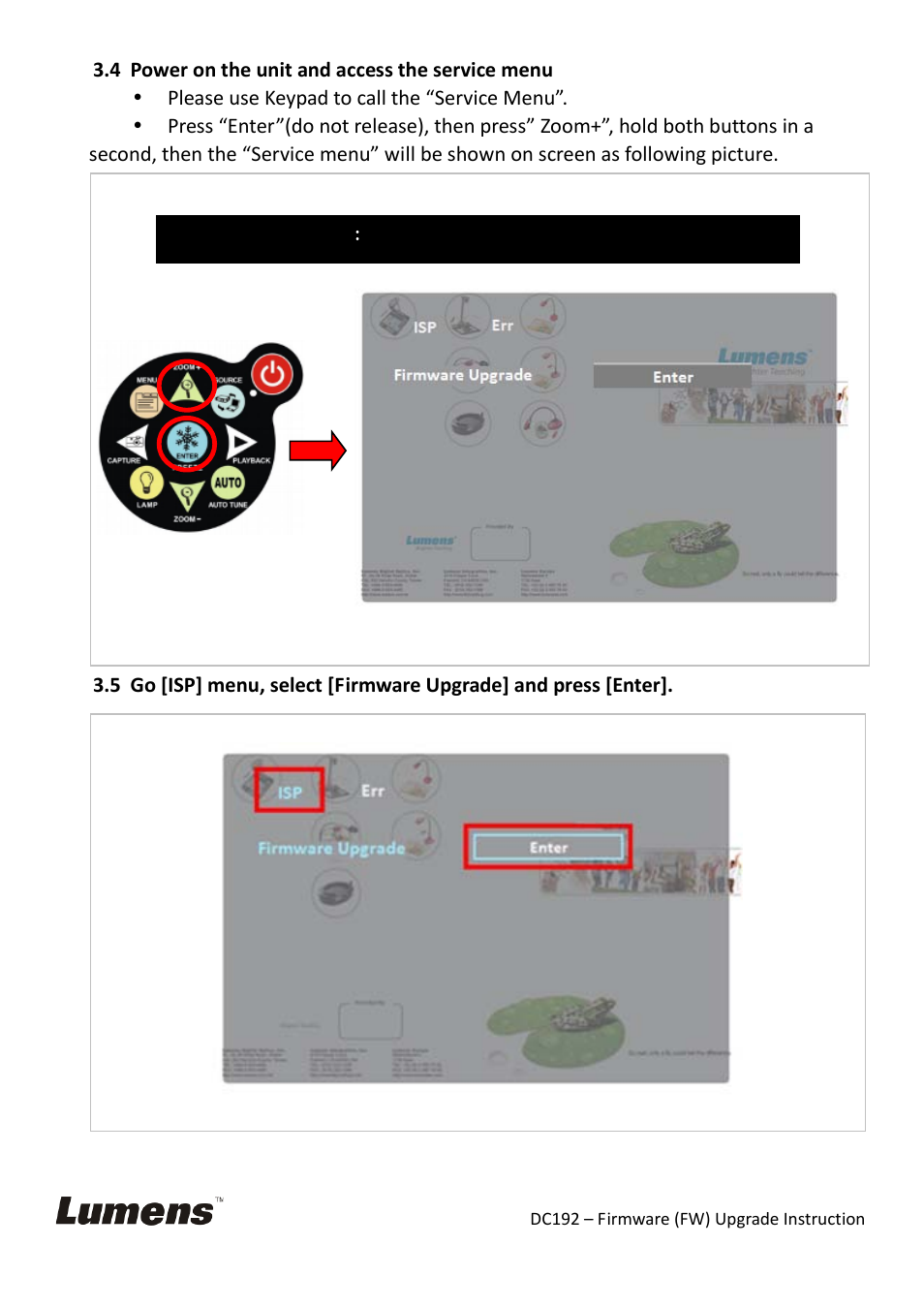 Power on the unit and access the service menu, Please use keypad to call the “service menu | Lumens Technology DC192 Firmware Upgrade Instruction User Manual | Page 7 / 9