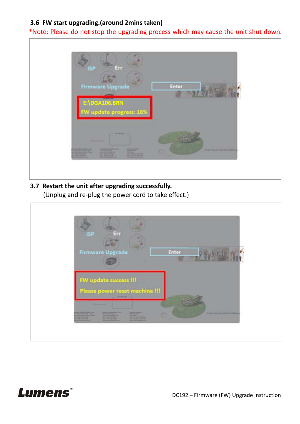 Fw start upgrading.(around 2mins taken), Restart the unit after upgrading successfully, Unplug and re-plug the power cord to take effect.) | Lumens Technology DC192 Firmware Upgrade Instruction User Manual | Page 8 / 9