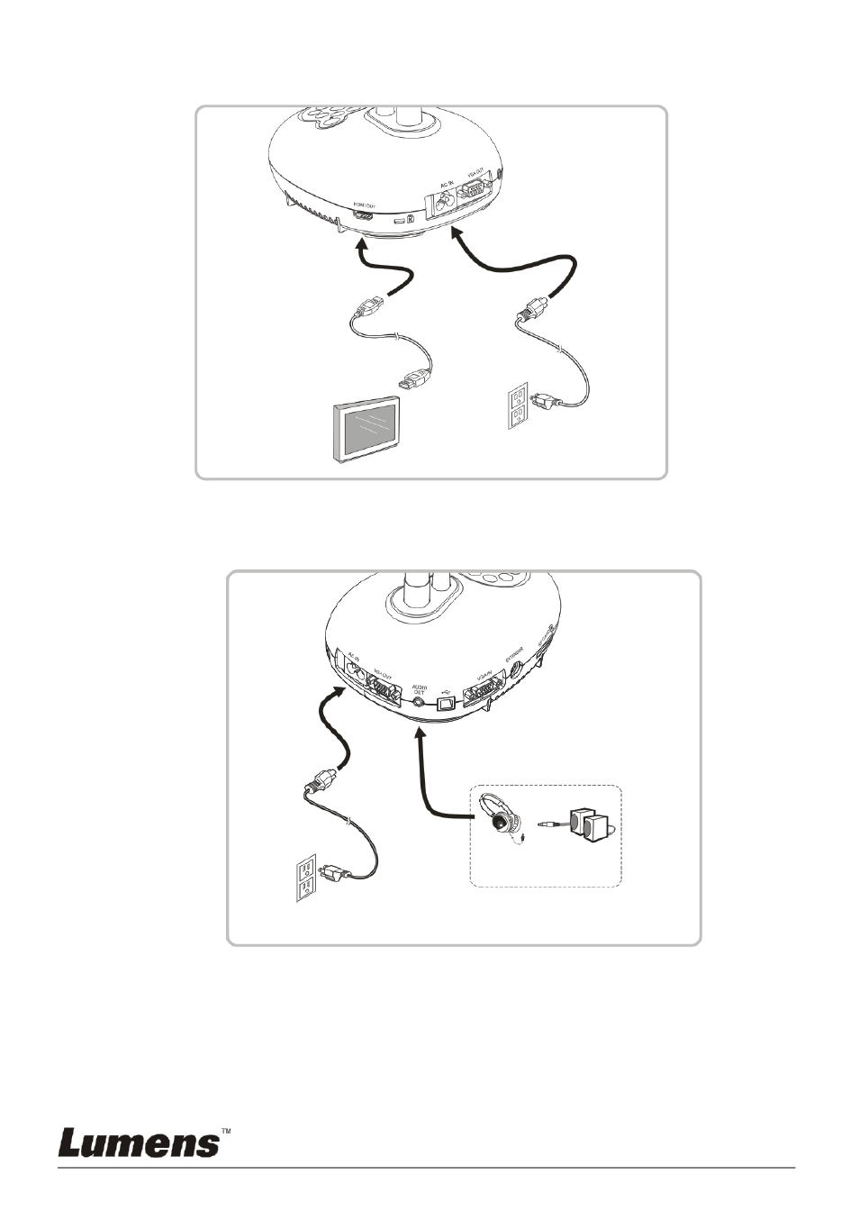 Connecting to an hdtv, Connecting to a speaker, 8 connecting to an hdtv | 9 connecting to a speaker | Lumens Technology PC168 User Manual | Page 14 / 42