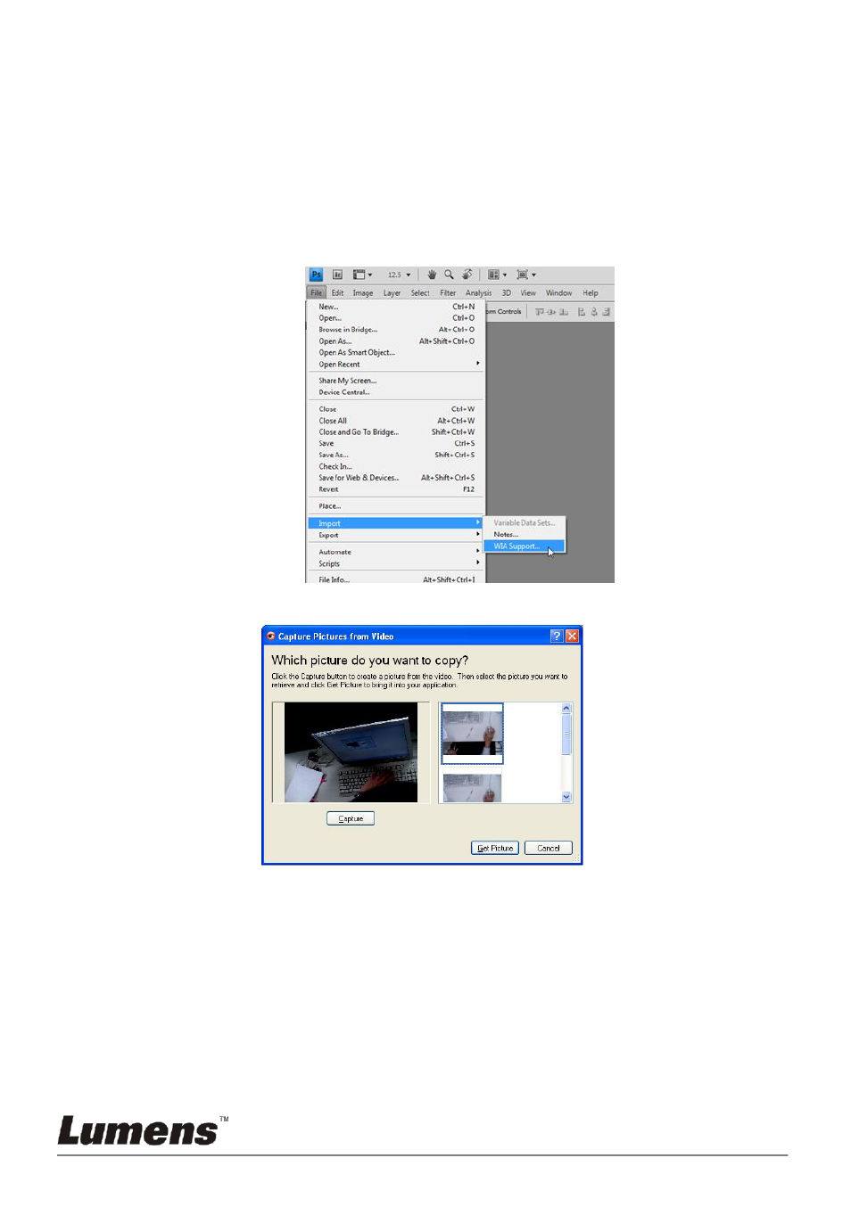 2 i would like to insert images in photoshop, 3 i would like to set the pc168 as a pc camera | Lumens Technology PC168 User Manual | Page 36 / 42