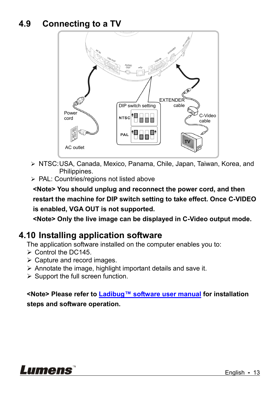 9 connecting to a tv, 10 installing application software | Lumens Technology DC145 User Manual | Page 14 / 35