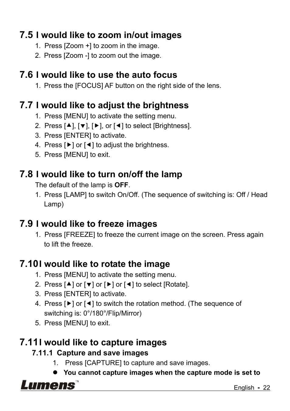 I would like to zoom in/out images, I would like to use the auto focus, I would like to adjust the brightness | I would like to turn on/off the lamp, I would like to freeze images, I would like to rotate the image, I would like to capture images | Lumens Technology DC145 User Manual | Page 23 / 35