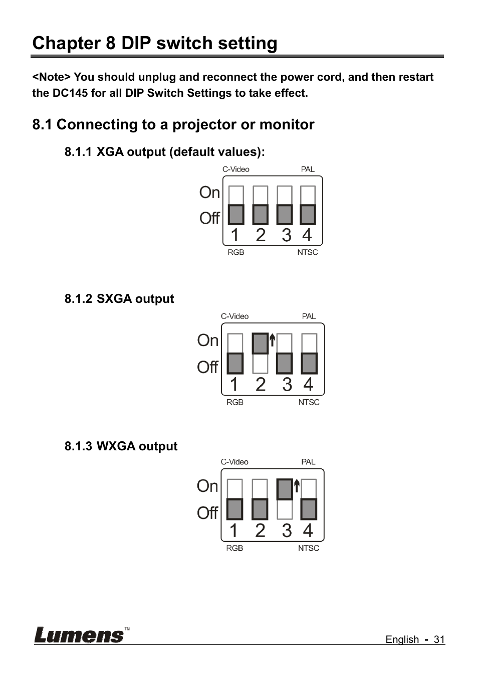 Chapter 8 dip switch setting, 1 connecting to a projector or monitor | Lumens Technology DC145 User Manual | Page 32 / 35