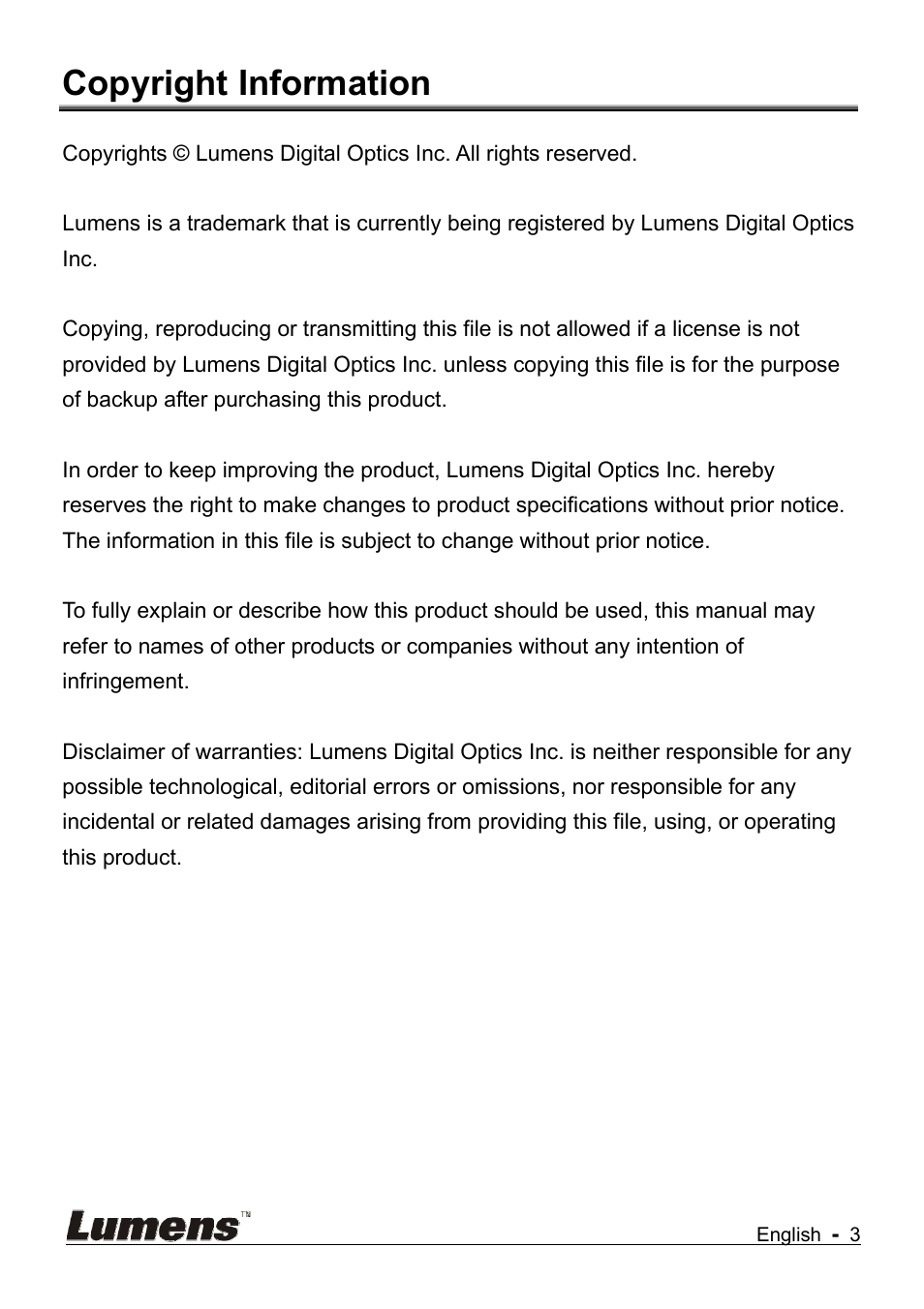 Copyright information | Lumens Technology DC145 User Manual | Page 4 / 35