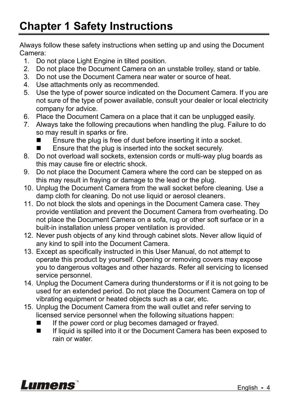 Chapter 1 safety instructions | Lumens Technology DC145 User Manual | Page 5 / 35