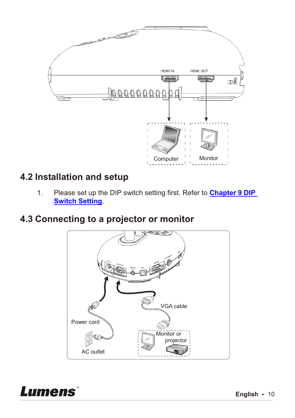 2 installation and setup, 3 connecting to a projector or monitor | Lumens Technology PC192 User Manual | Page 11 / 42