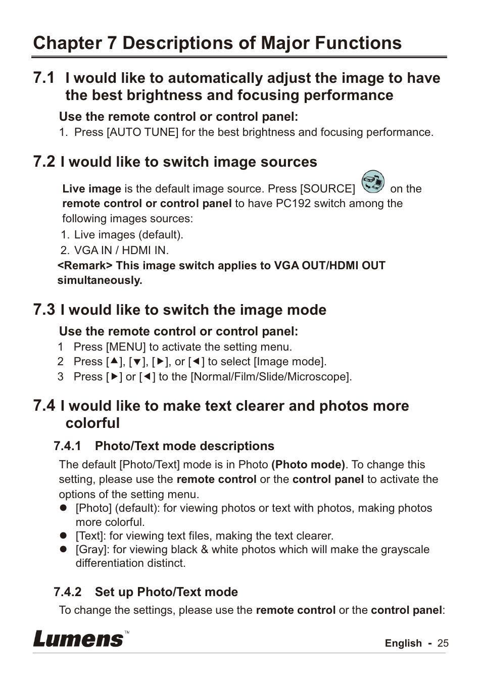 Chapter 7 descriptions of major functions, I would like to switch image sources, I would like to switch the image mode | Lumens Technology PC192 User Manual | Page 26 / 42