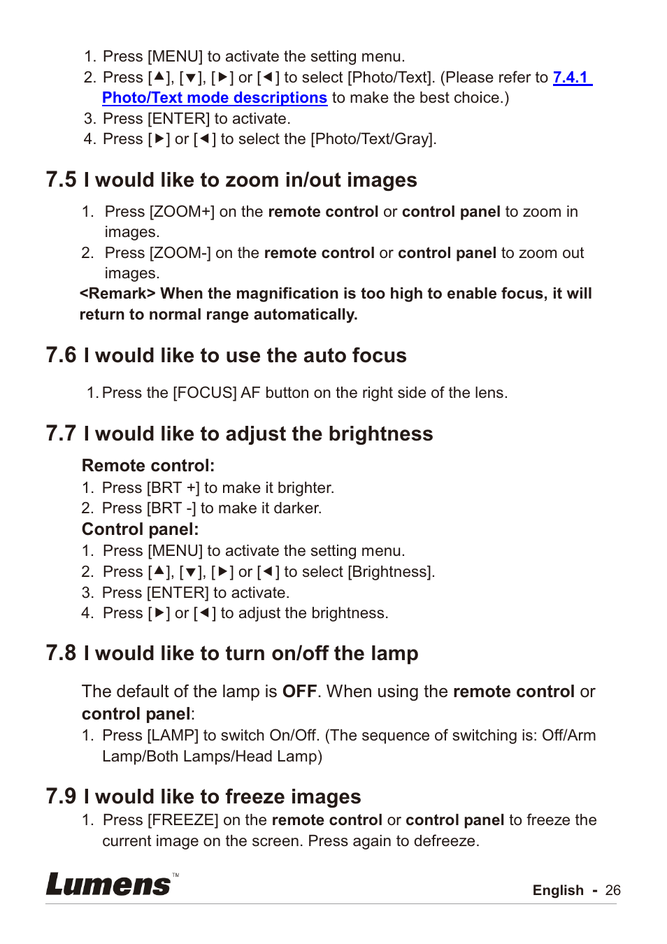 I would like to zoom in/out images, I would like to use the auto focus, I would like to adjust the brightness | I would like to turn on/off the lamp, I would like to freeze images | Lumens Technology PC192 User Manual | Page 27 / 42