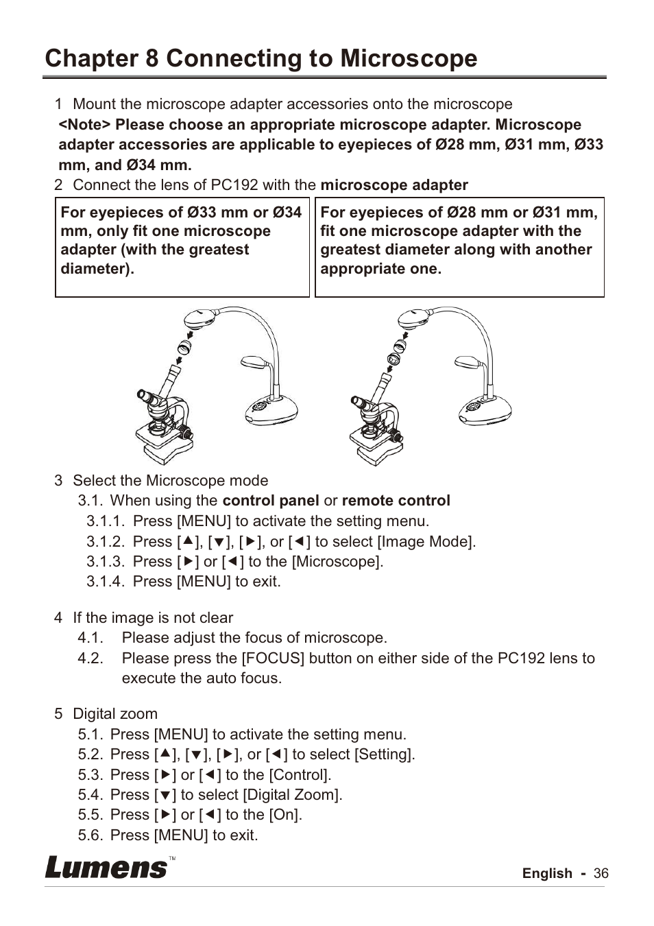 Chapter 8 connecting to microscope | Lumens Technology PC192 User Manual | Page 37 / 42