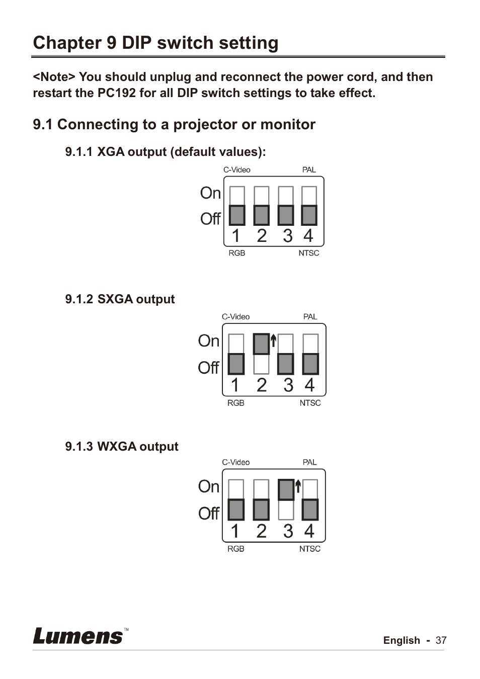 Chapter 9 dip switch setting, 1 connecting to a projector or monitor | Lumens Technology PC192 User Manual | Page 38 / 42