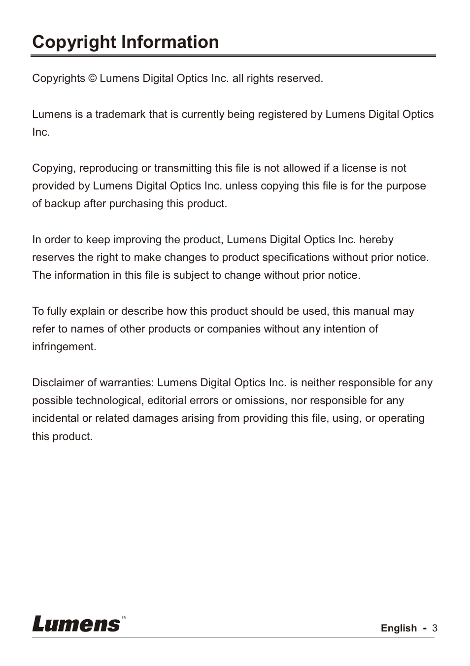 Copyright information | Lumens Technology PC192 User Manual | Page 4 / 42