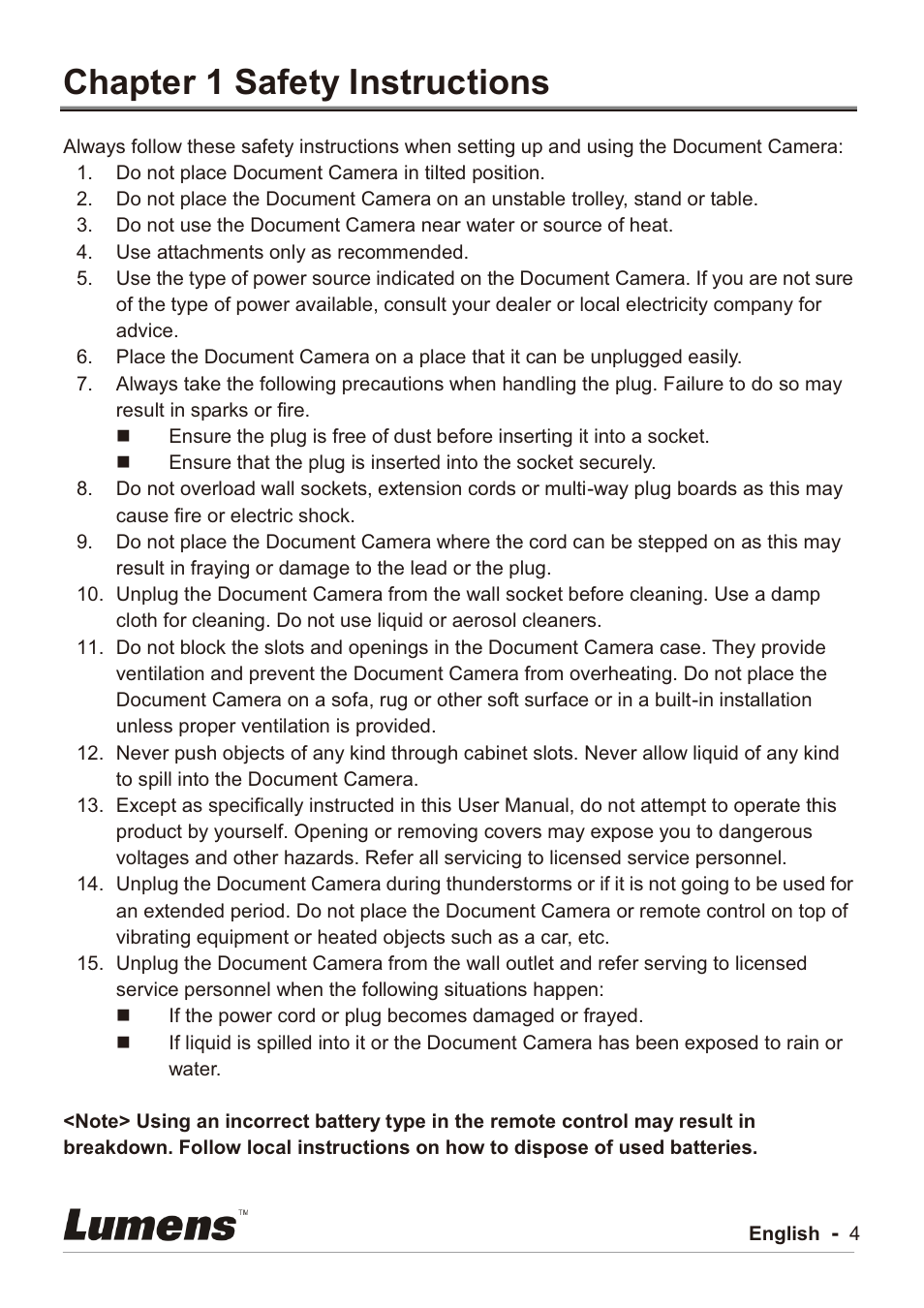 Chapter 1 safety instructions | Lumens Technology PC192 User Manual | Page 5 / 42