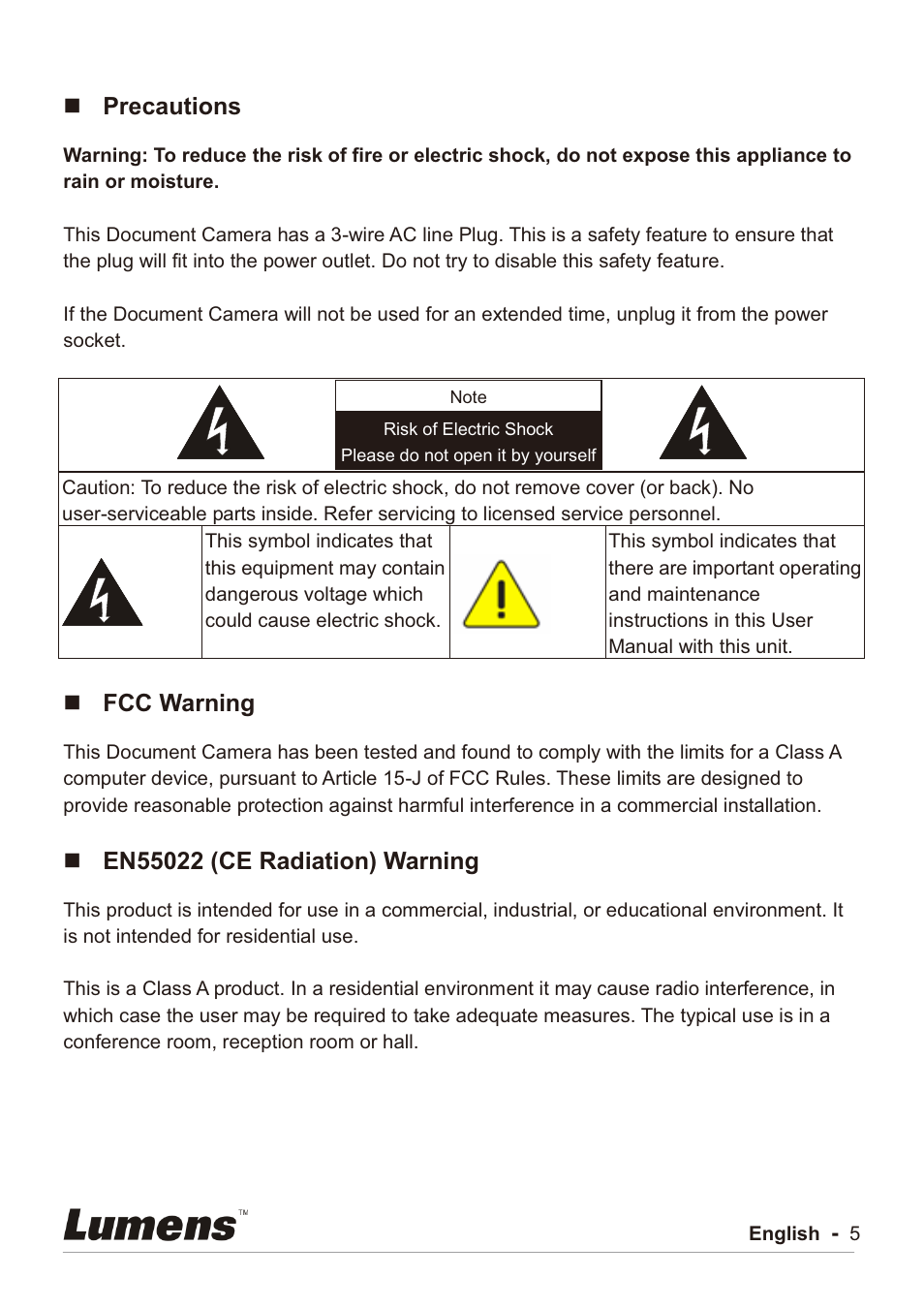 Precautions, Fcc warning | Lumens Technology PC192 User Manual | Page 6 / 42