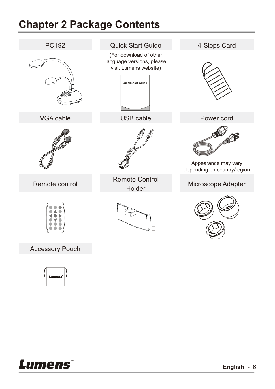 Chapter 2 package contents | Lumens Technology PC192 User Manual | Page 7 / 42