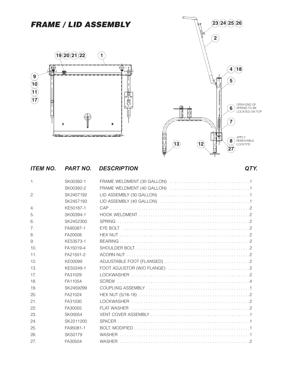Frame / lid assembly, Item no. part no. description qty | Cleveland Range SGL-40-T1 User Manual | Page 10 / 26