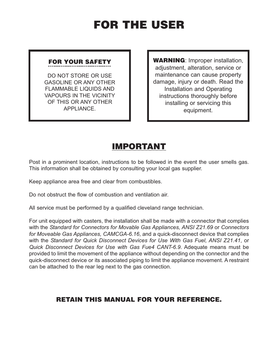 For the user, Important | Cleveland Range SGL-40-T1 User Manual | Page 2 / 26