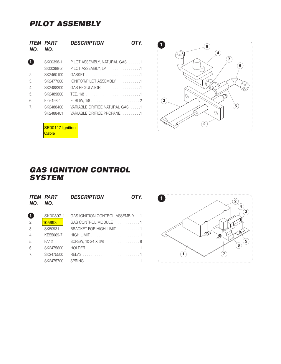 Pilot assembly, Gas ignition control system, Item part description qty. no. no | Cleveland Range SGL-40-T1 User Manual | Page 20 / 26