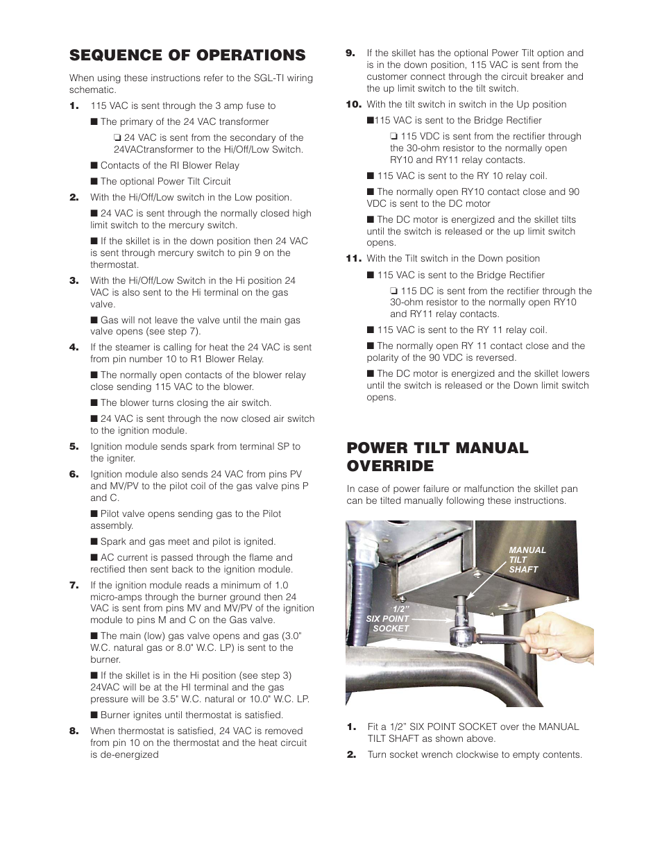 Sequence of operations, Power tilt manual override | Cleveland Range SGL-40-T1 User Manual | Page 24 / 26