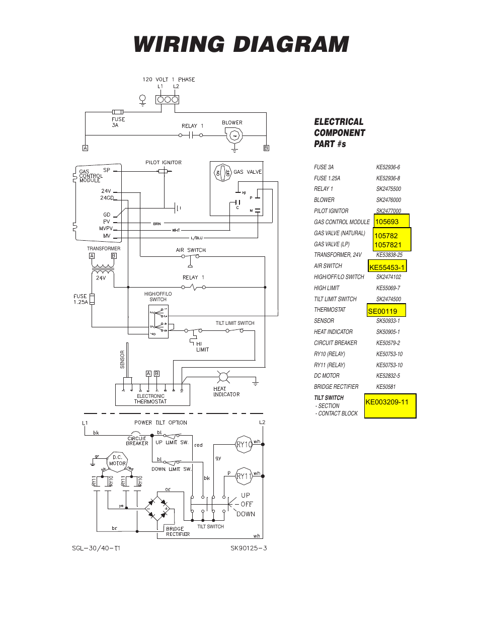 Wiring diagram, Electrical component part #s | Cleveland Range SGL-40-T1 User Manual | Page 26 / 26