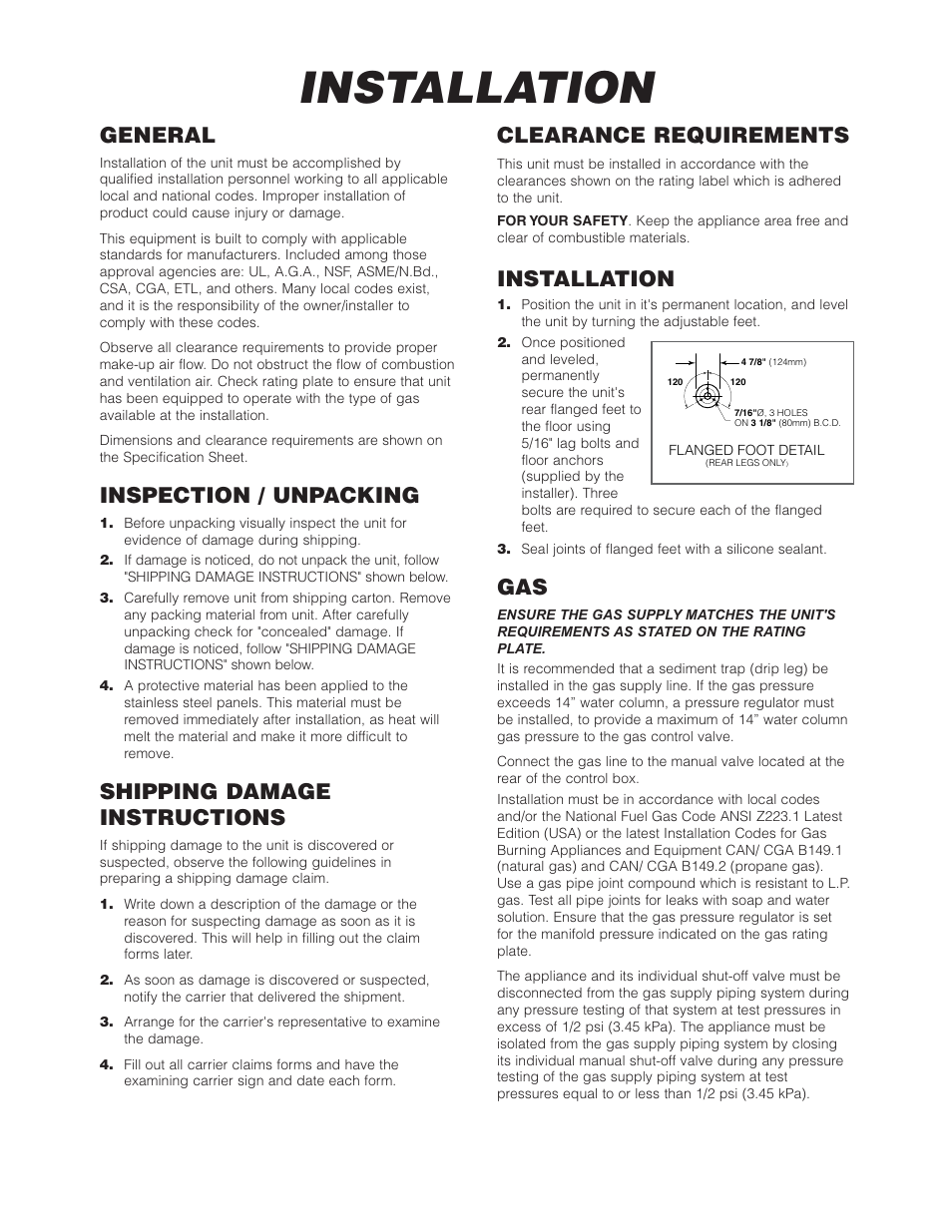 General, Inspection / unpacking, Shipping damage instructions | Clearance requirements, Installation | Cleveland Range SGL-40-T1 User Manual | Page 3 / 26
