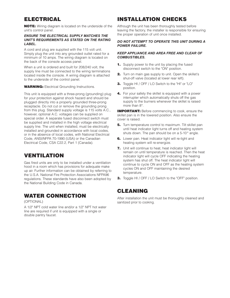 Electrical, Ventilation, Water connection | Installation checks, Cleaning | Cleveland Range SGL-40-T1 User Manual | Page 4 / 26