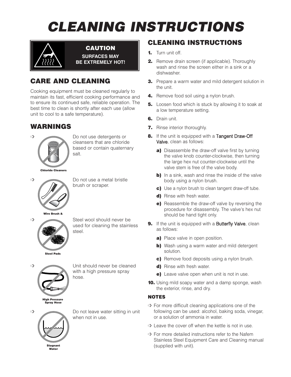 Cleaning instructions, Care and cleaning, Warnings | Cleveland Range SGL-40-T1 User Manual | Page 7 / 26