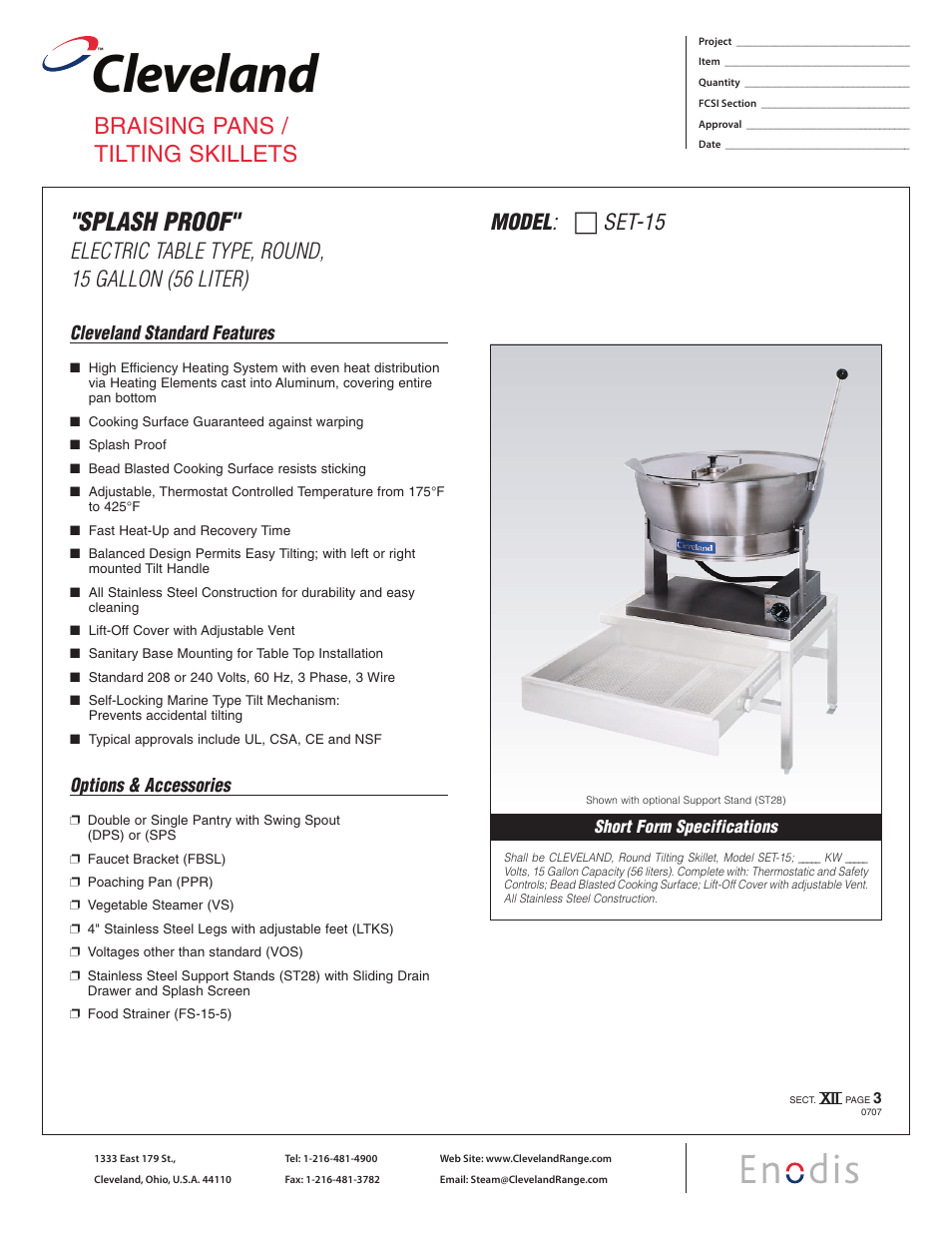 Cleveland Range SET-15 User Manual | 2 pages
