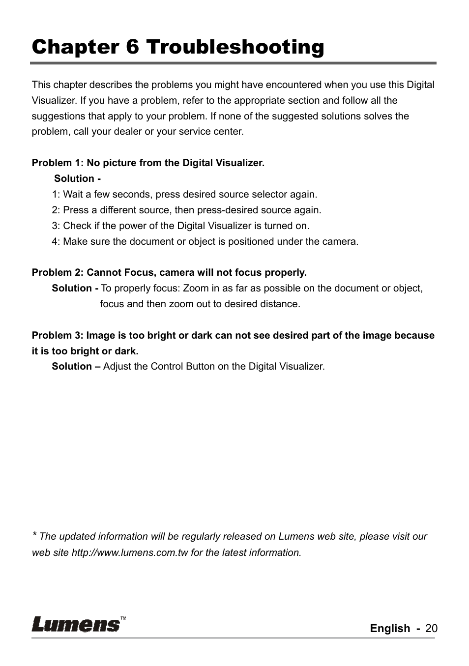 Chapter 6 troubleshooting | Lumens Technology DC133 User Manual | Page 20 / 20