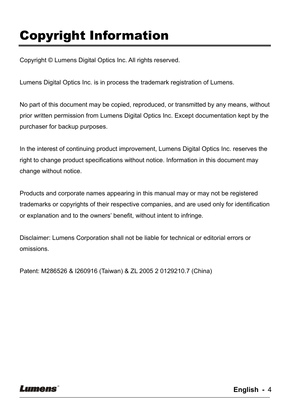 Copyright information | Lumens Technology DC133 User Manual | Page 4 / 20