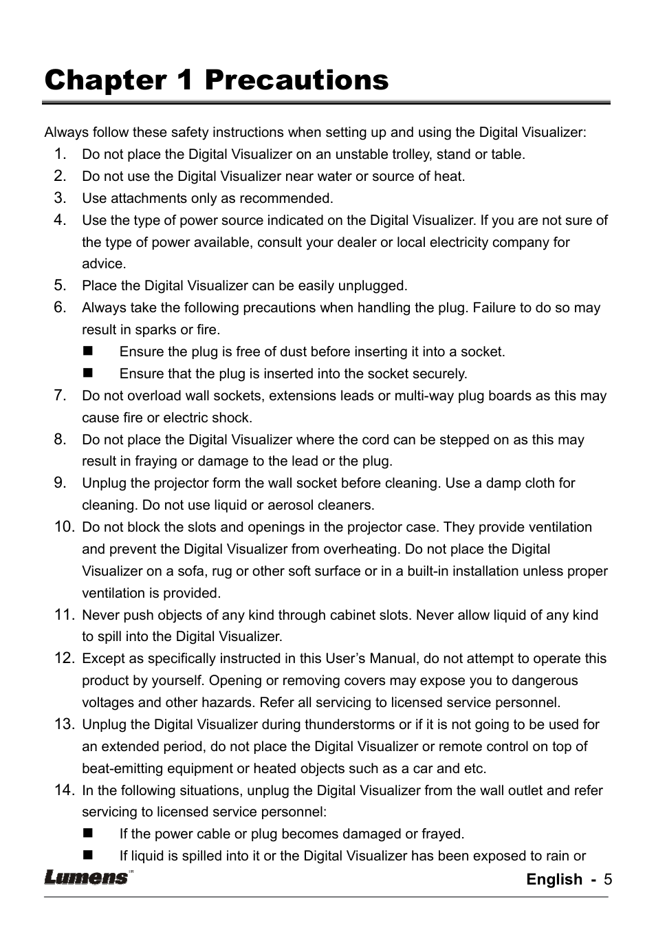 Chapter 1 precautions | Lumens Technology DC133 User Manual | Page 5 / 20