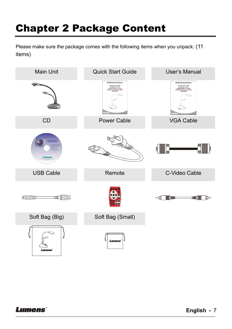 Chapter 2 package content | Lumens Technology DC133 User Manual | Page 7 / 20