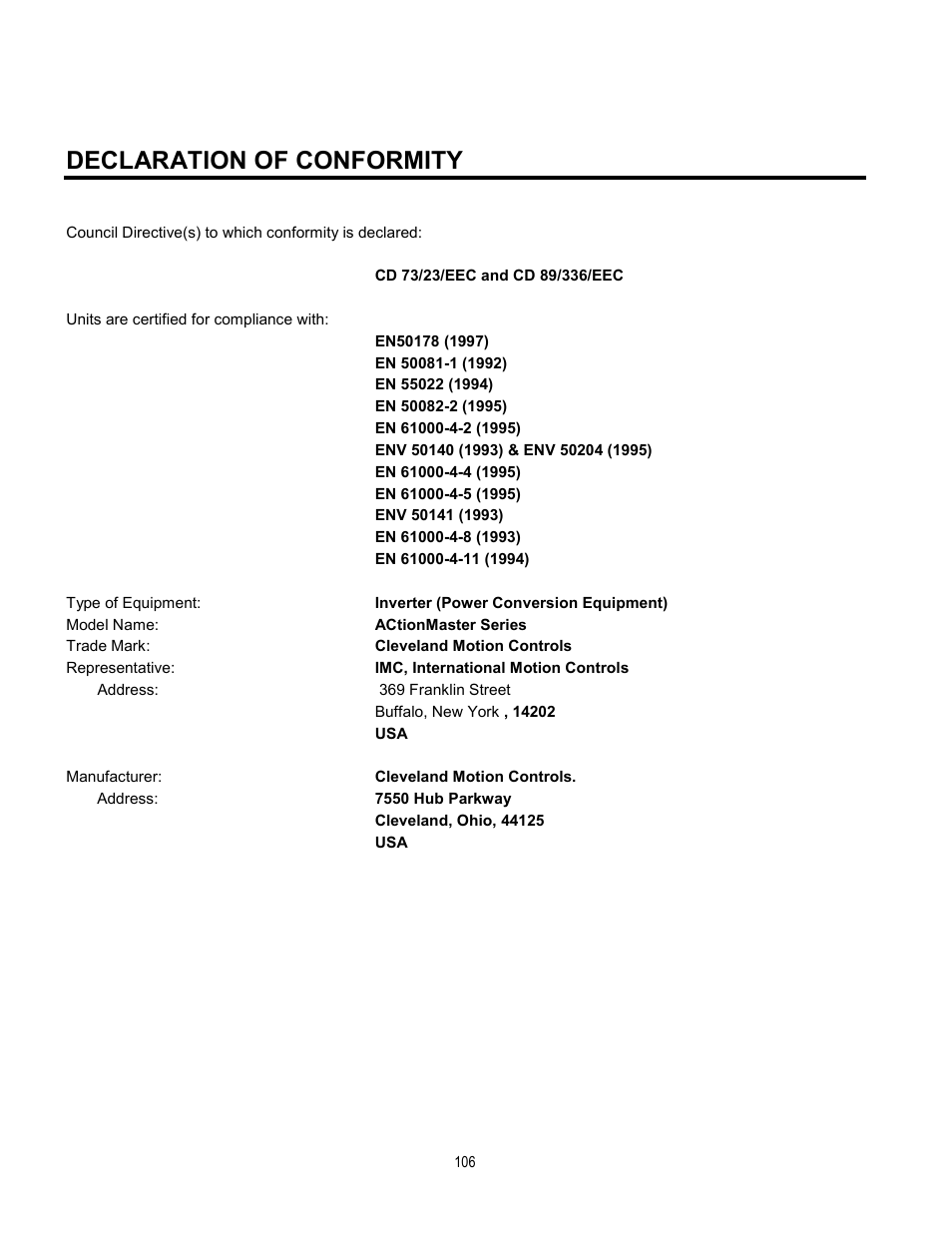 Declaration of conformity | Cleveland Range inverter User Manual | Page 112 / 119