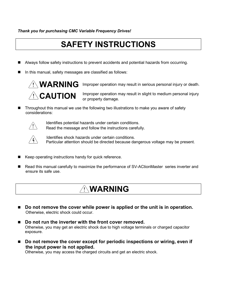 Safety instructions, Warning, Caution | Cleveland Range inverter User Manual | Page 2 / 119