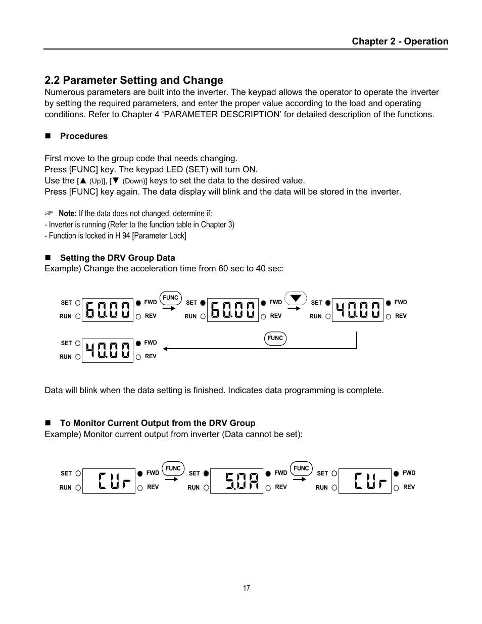 2 parameter setting and change, Chapter 2 - operation | Cleveland Range inverter User Manual | Page 23 / 119