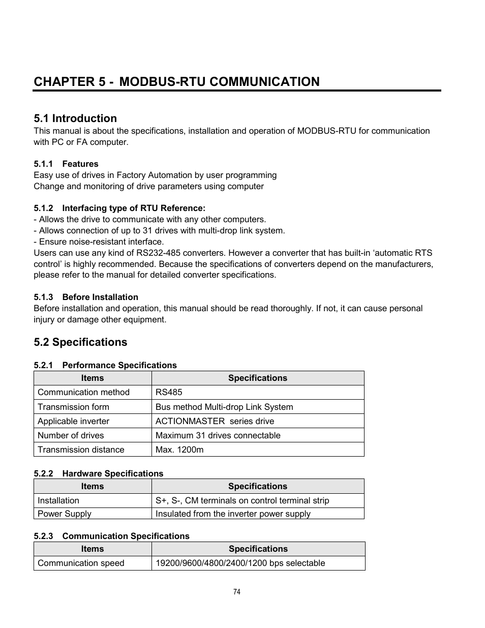 Chapter 5 - modbus-rtu communication, 1 introduction, 2 specifications | Cleveland Range inverter User Manual | Page 80 / 119