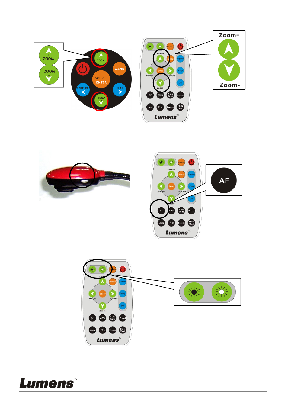 Oom in, Ocus, Rightness | Djustment | Lumens Technology DC153 User Manual | Page 13 / 20