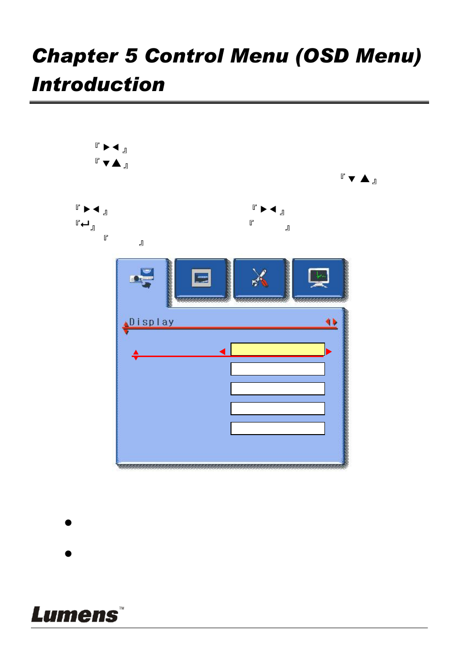 Chapter 5 control menu (osd menu) introduction, Peration, Ontrol | 1 operation, 2 control menu (osd menu), A  b  c  d | Lumens Technology DC153 User Manual | Page 17 / 20
