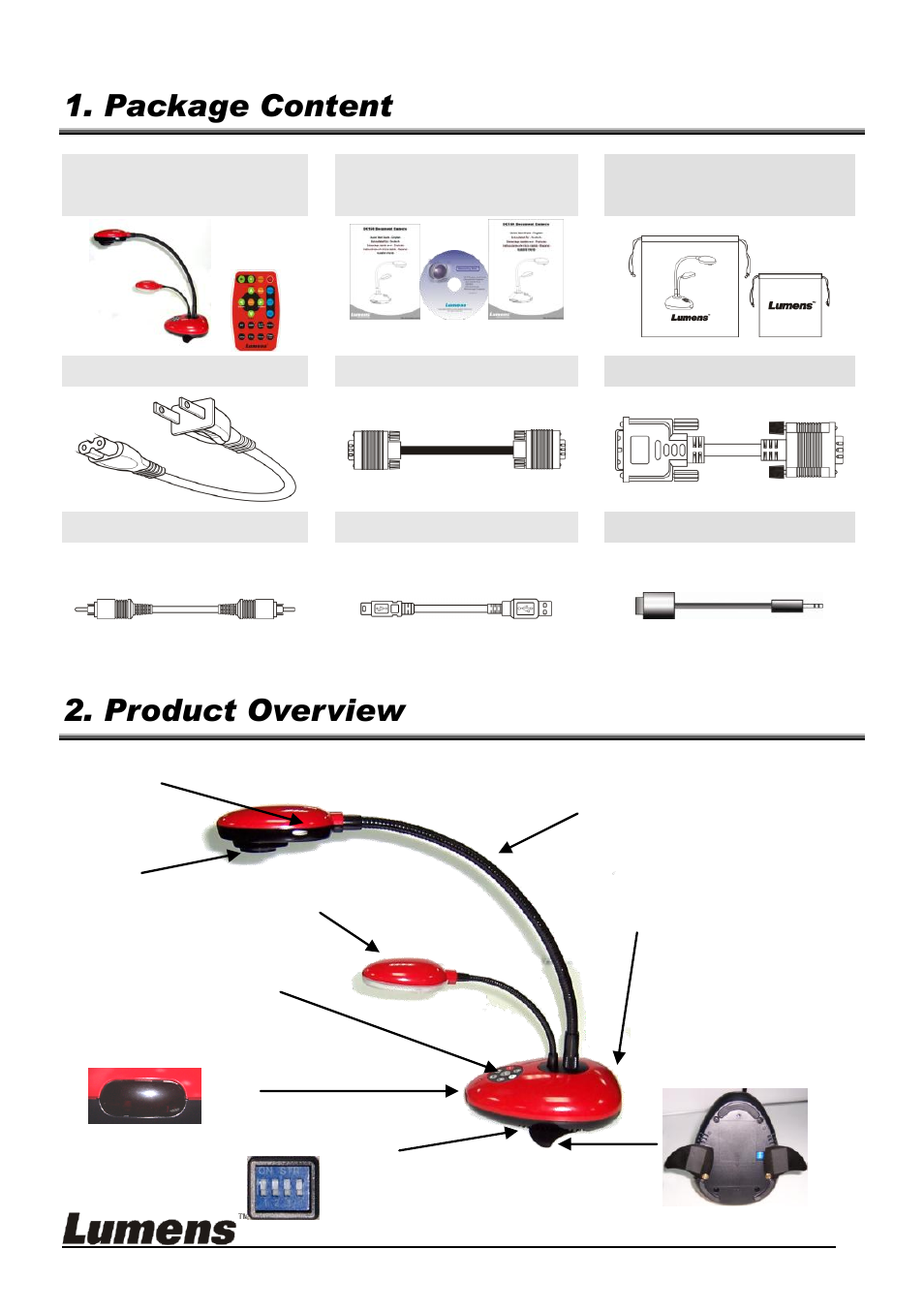 Package content (13 items), Product overview | Lumens Technology DC153 Quick Start User Manual | Page 2 / 8