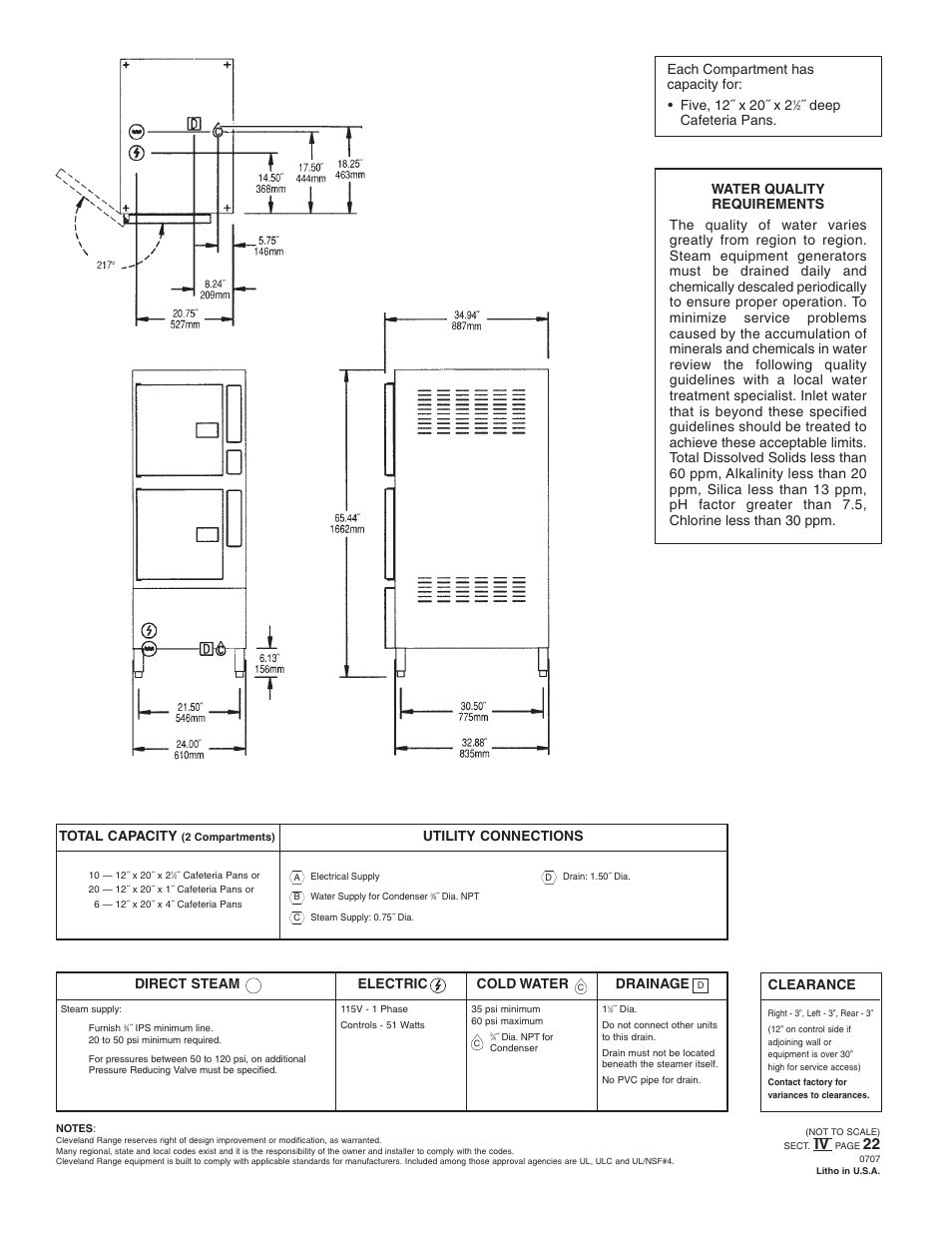 Utility connections electric, Direct steam cold water drainage, Total capacity | Clearance | Cleveland Range SteamCraft 24-CDP-10 User Manual | Page 2 / 2